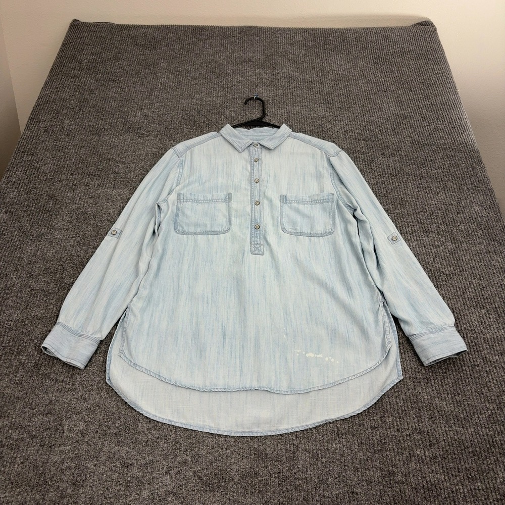 Lou & Grey Button Up Women L Light Blue Lyocell Chambray Roll‎ Tab Sleeve Casual